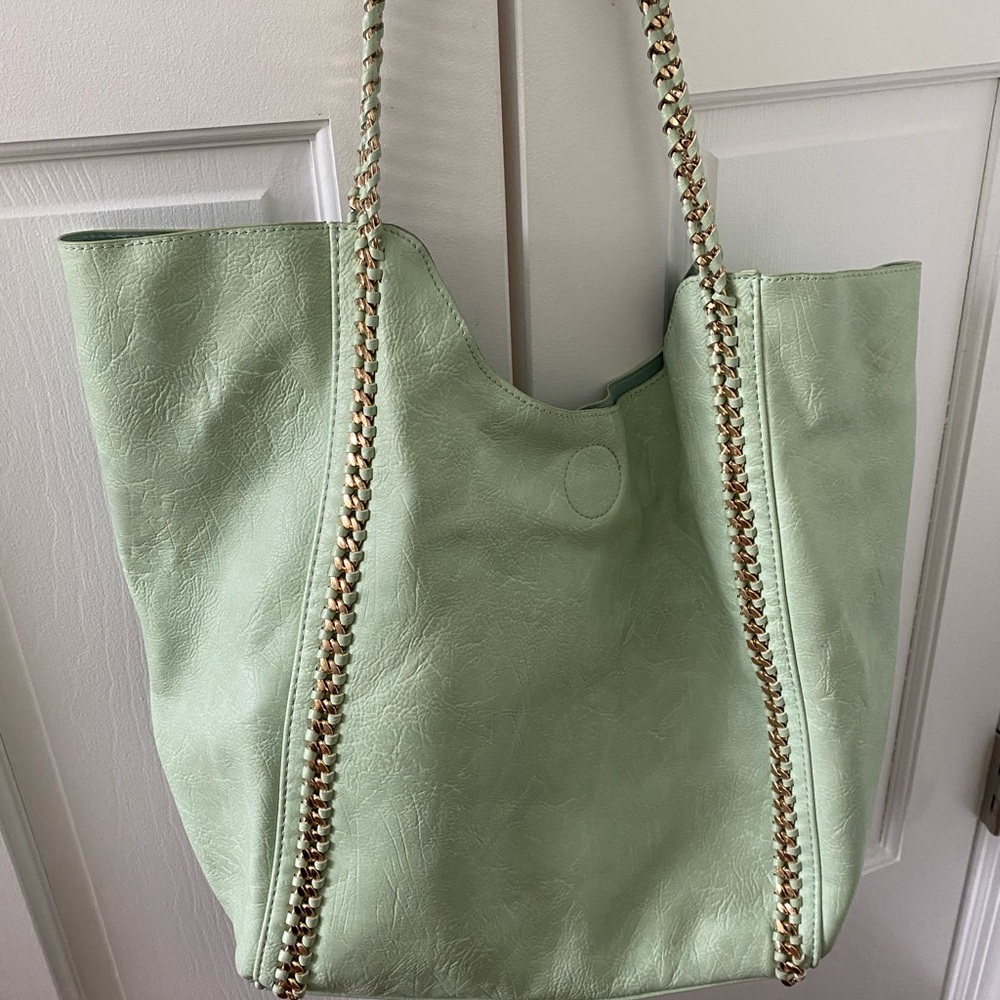 pastel green faux leather hobo tote with chain